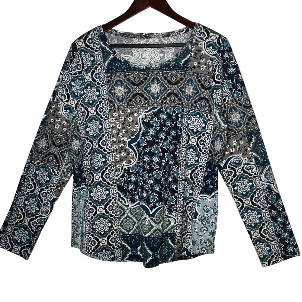 Sonoma XL Women's Blue Everyday Tee Crew-neck Long Sleeve Patchwork 100% Cotton